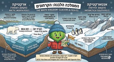 עיתון ילדים - הממלכה הלבנה: הקרחונים  - הקרחונים - אנטארטיקה והקוטב הצפוני